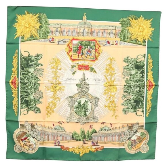 HERMES Carre 90 Scarf ""SANSSOUCY"" Silk Green Auth 135393 - Picture 1 of 13